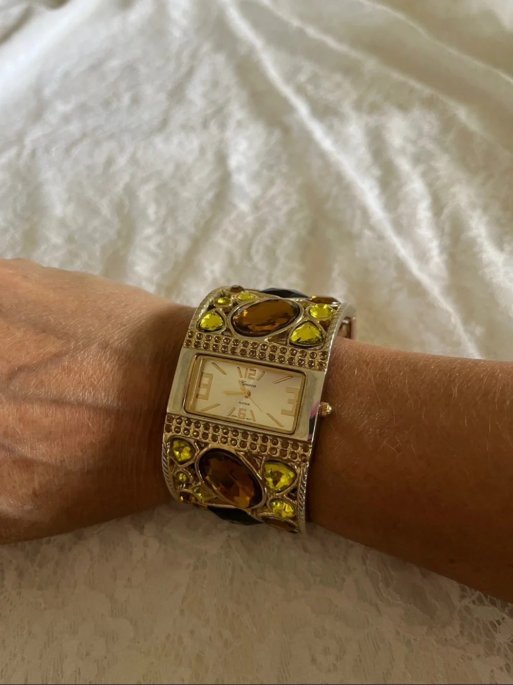 Geneva Gold-Tone Jeweled Cuff Watch with Amber and Lime Stones